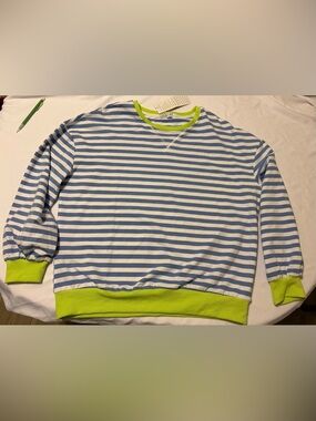 Striped Blue & White Crewneck Sweater with Lime Trim